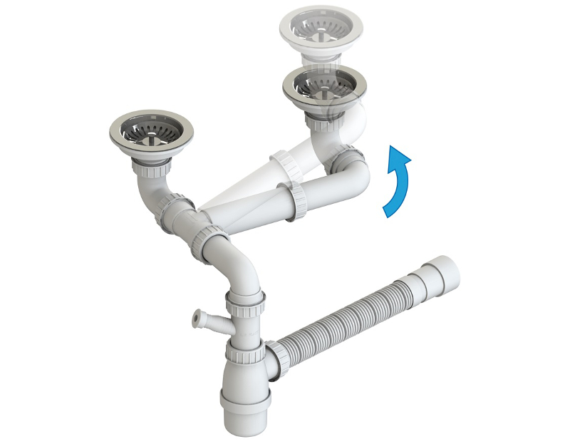 Plumbing kit for one-bowl kitchen sink: Ø114 Multi Ray basket strainer  waste, rectangular overflow and bottle trap. Code: 601-R-190-PR, Plumbing  sets with Ø114 waste, Plumbing sets with bottle trap - L.B. Plast