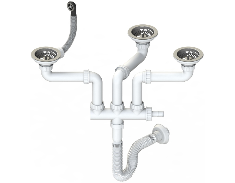 Plumbing kit for three-bowls kitchen sinks: Multi Ray Ø114 basket strainer  waste ,round overflow and bottle trap with dishwasher connection. Code:  575-R-36011, Plumbing sets with Ø114 waste, Plumbing sets with bottle trap 